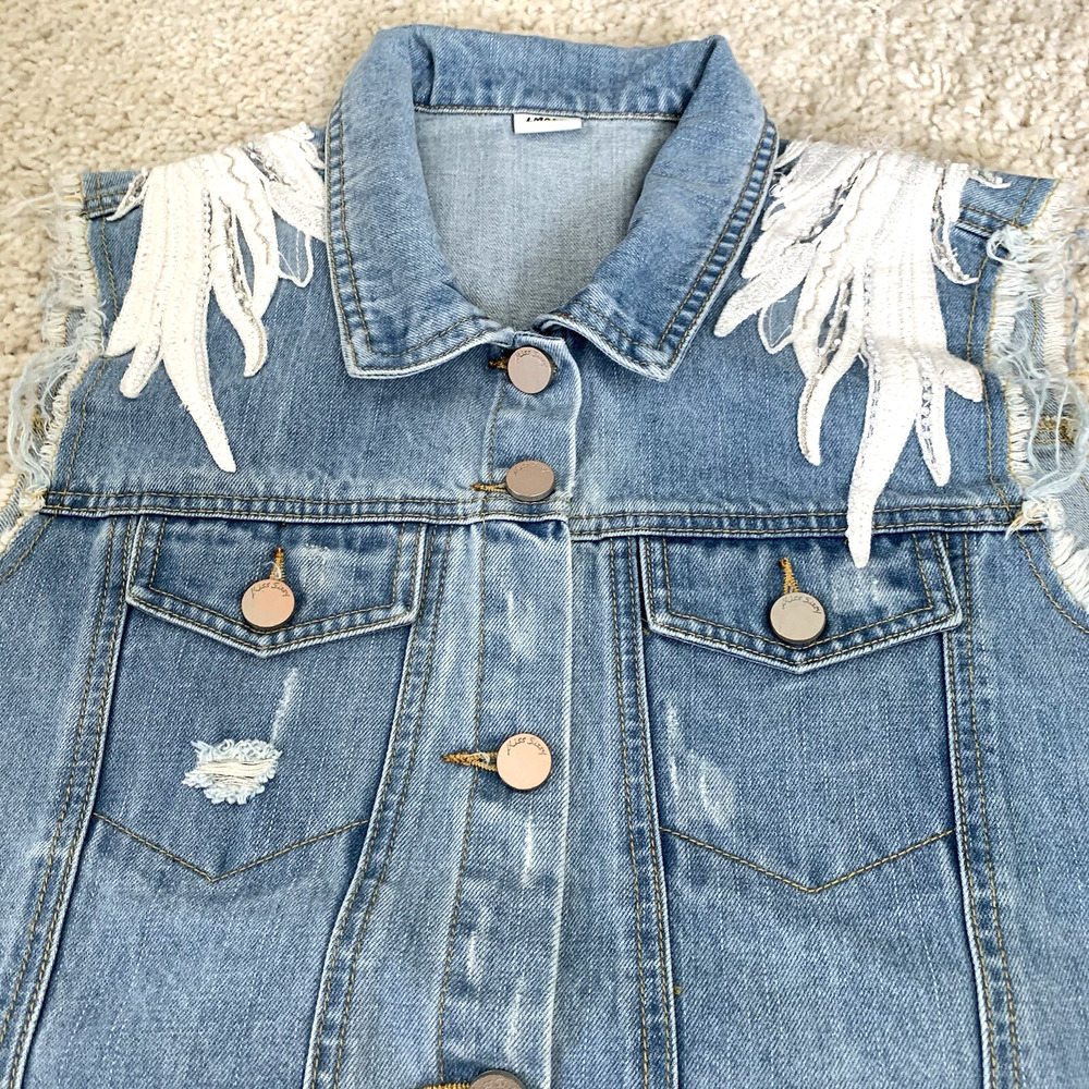 Miss Sixty Denim Vest Womens Medium Blue Embellished Pearls Wings Angel Y2K